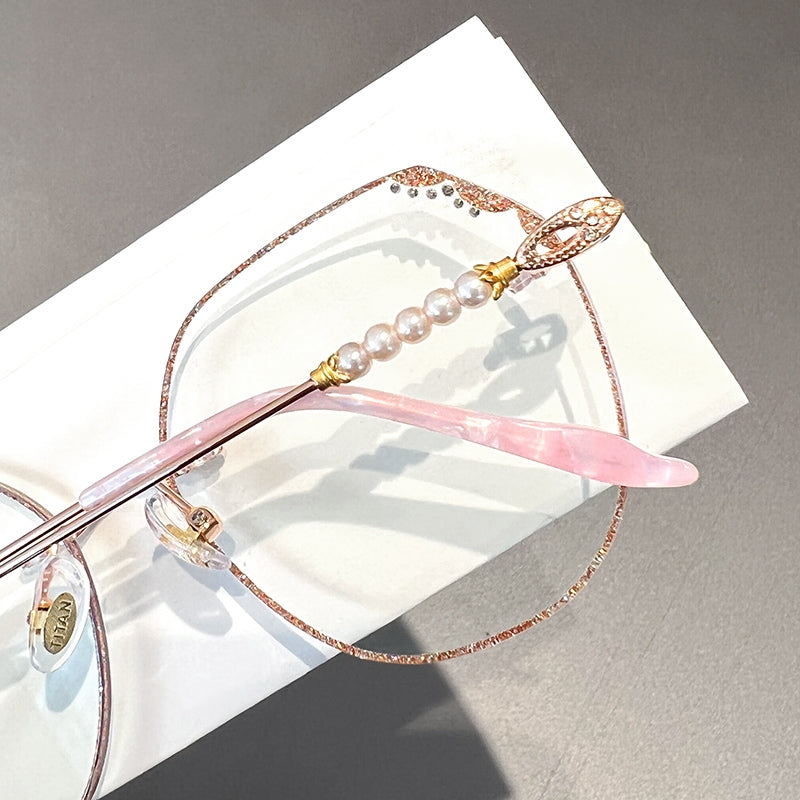 輕奢細閃鑲邊珍珠鏡腿無框眼鏡